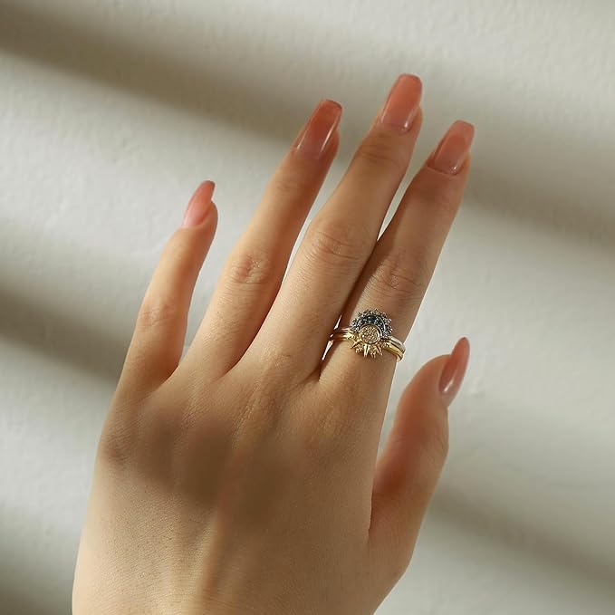 Conjunto de anel sol e lua azul prata esterlina para mulheres🌹, joia espumante banhado a ouro/prata 14k, festa de noivado clássica, casamento celestial, lua