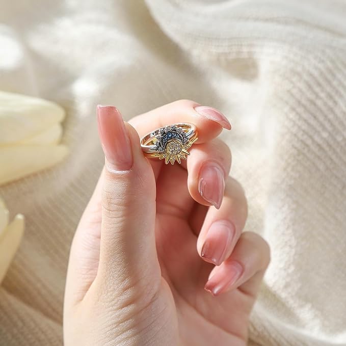 Conjunto de anel sol e lua azul prata esterlina para mulheres🌹, joia espumante banhado a ouro/prata 14k, festa de noivado clássica, casamento celestial, lua