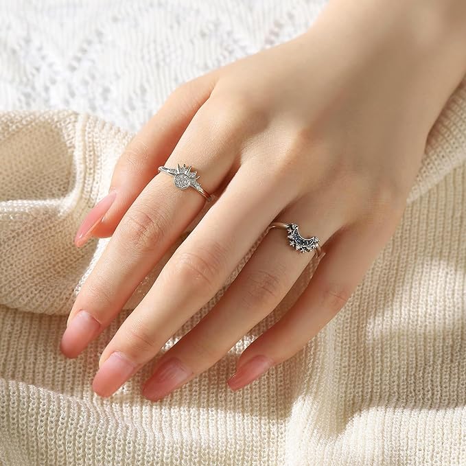 Conjunto de anel sol e lua azul prata esterlina para mulheres🌹, joia espumante banhado a ouro/prata 14k, festa de noivado clássica, casamento celestial, lua