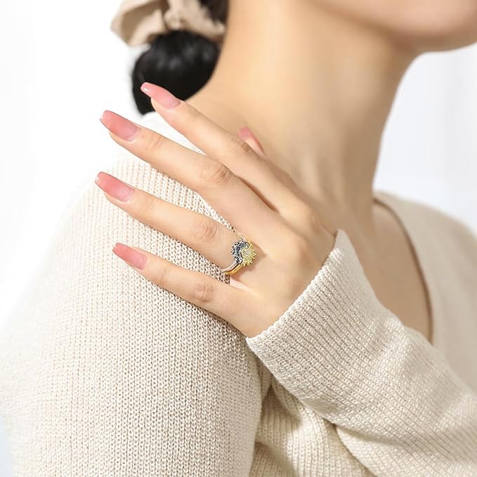 Conjunto de anel sol e lua azul prata esterlina para mulheres🌹, joia espumante banhado a ouro/prata 14k, festa de noivado clássica, casamento celestial, lua