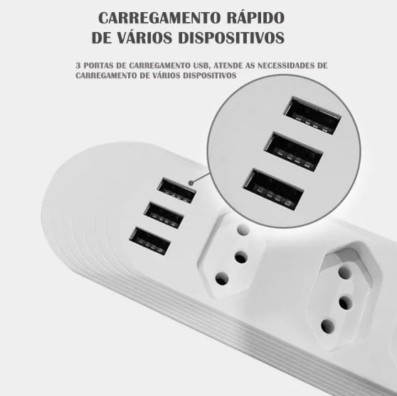 Extensão De 4 Tomadas Com 3 Usb Branco Bivolt Cabo 2 Metros - Entrega FLASH⚡