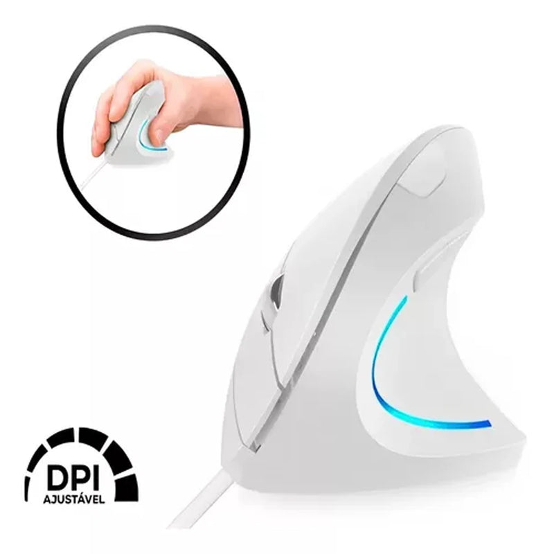 Mouse Vertical Ergonômico Vert com 6 Botões, Fio USB, LED, 3600 DPI Ajustável, Branco D5