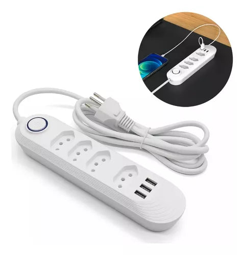 Extensão De 4 Tomadas Com 3 Usb Branco Bivolt Cabo 2 Metros - Entrega FLASH⚡