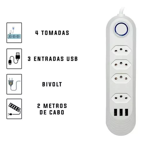 Extensão De 4 Tomadas Com 3 Usb Branco Bivolt Cabo 2 Metros - Entrega FLASH⚡