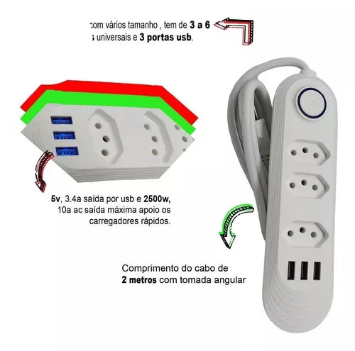 Extensão De 4 Tomadas Com 3 Usb Branco Bivolt Cabo 2 Metros - Entrega FLASH⚡