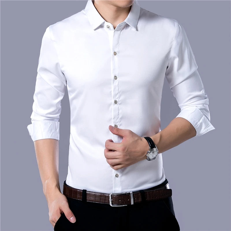 Camisa Casual Masculina de Negócios de Manga Longa em Cor Sólida