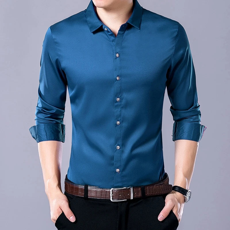 Camisa Casual Masculina de Negócios de Manga Longa em Cor Sólida