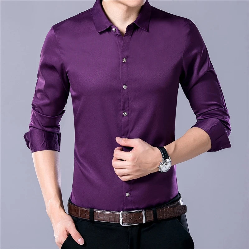 Camisa Casual Masculina de Negócios de Manga Longa em Cor Sólida