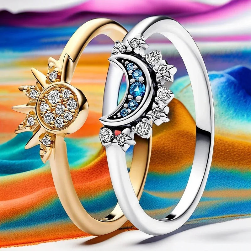 Conjunto de anel sol e lua azul prata esterlina para mulheres🌹, joia espumante banhado a ouro/prata 14k, festa de noivado clássica, casamento celestial, lua