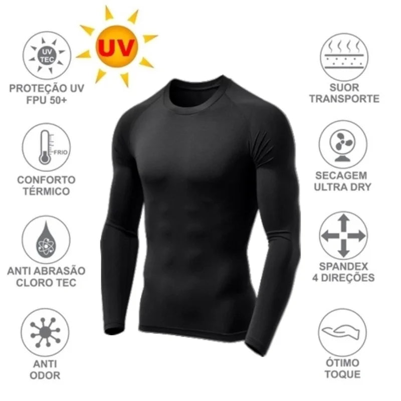 Camiseta de Compressão Térmica, Segunda Pele UV Tecido Gelado 50+ Masculina - Últimas Unidades -  Frete Gratis Somente Hoje!!